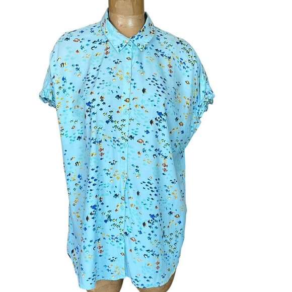 Beach Lunch Lounge Button Up Short Sleeve Top XL Novelty Tropical Fish #347J - Picture 4 of 11